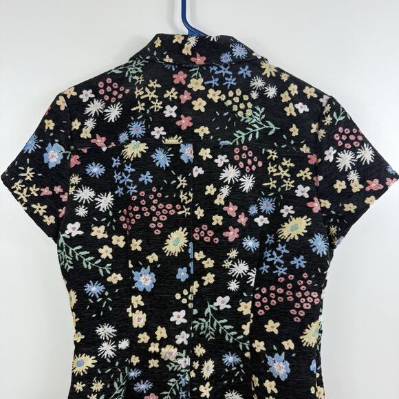 Storia New Black Floral Tapestry Mini Dress Medium Full Snap Dark Floral Retro - Picture 7 of 13